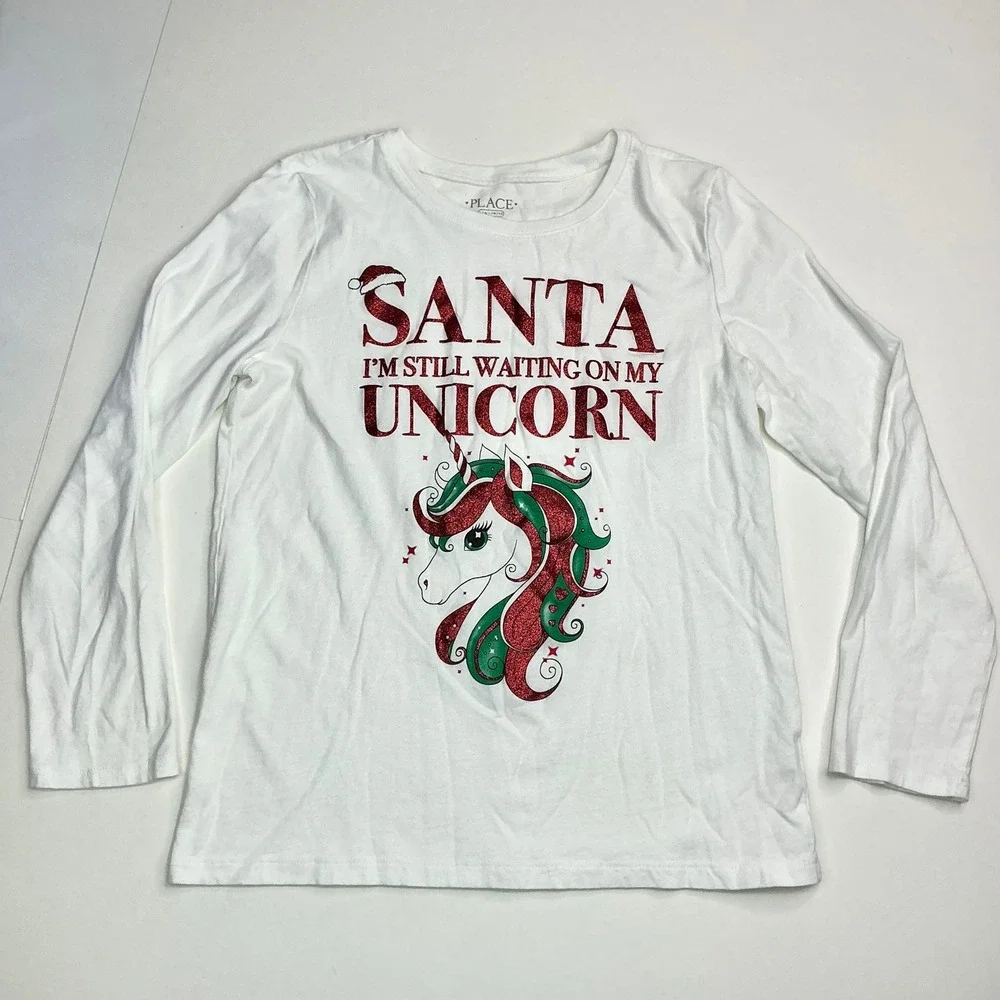 The Children's Place White Graphic Tee Kids Size 10/12 Santa Unicorn Glitter